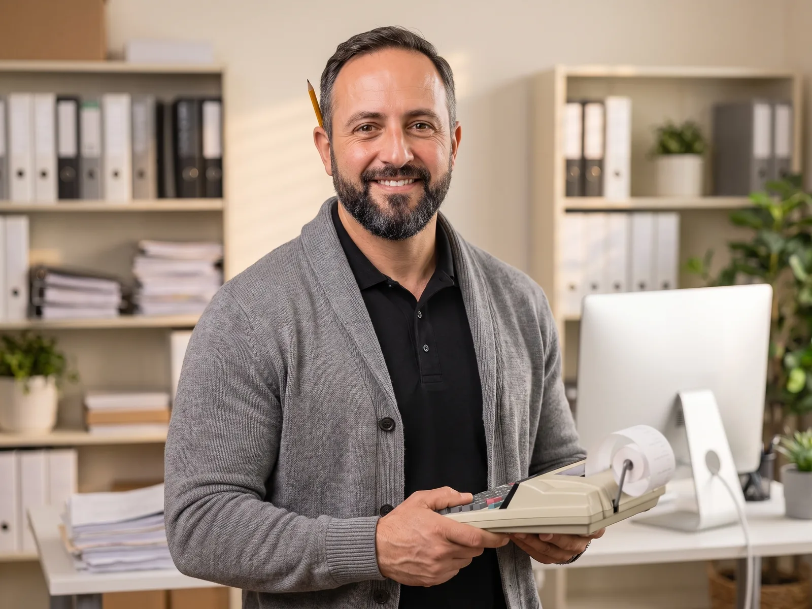 Accounting firm IT support: Jed, Onward's AI host, in a grey cardigan with a printing calculator in an accounting office with binders