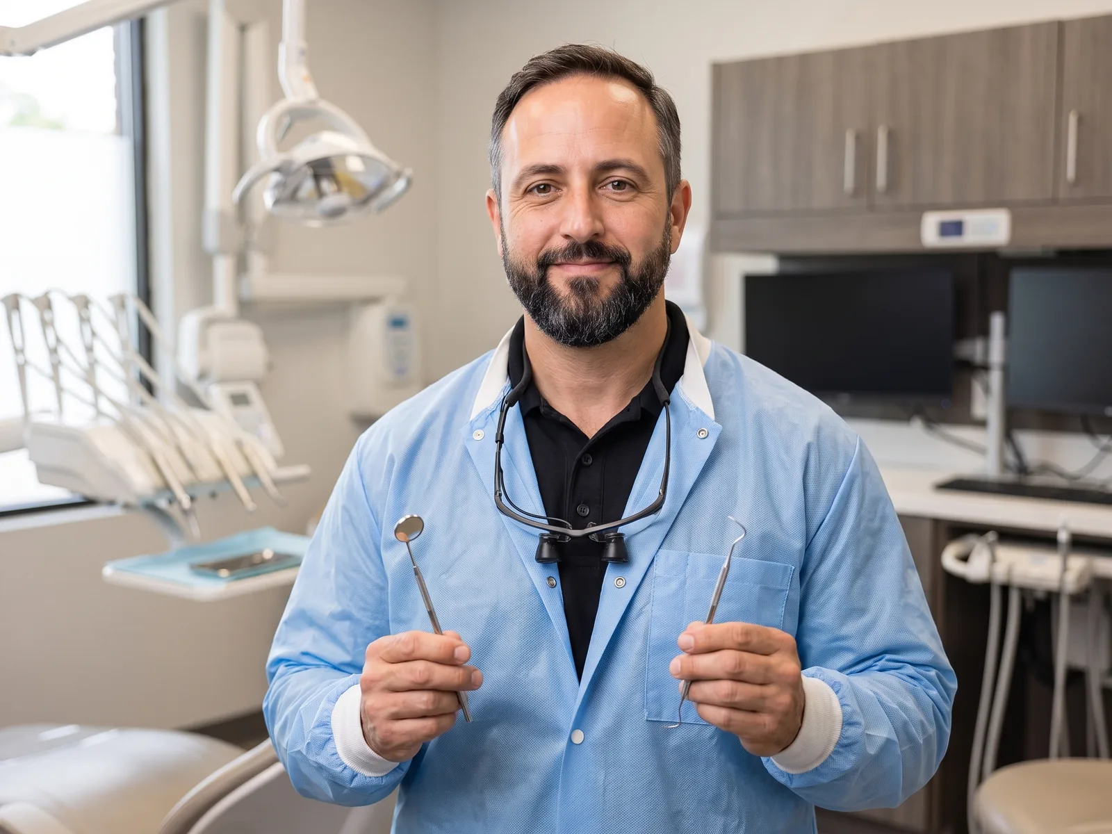 Dental IT consulting: Jed, Onward's AI host, in a light-blue dental smock holding a dental mirror and probe in a dental operatory