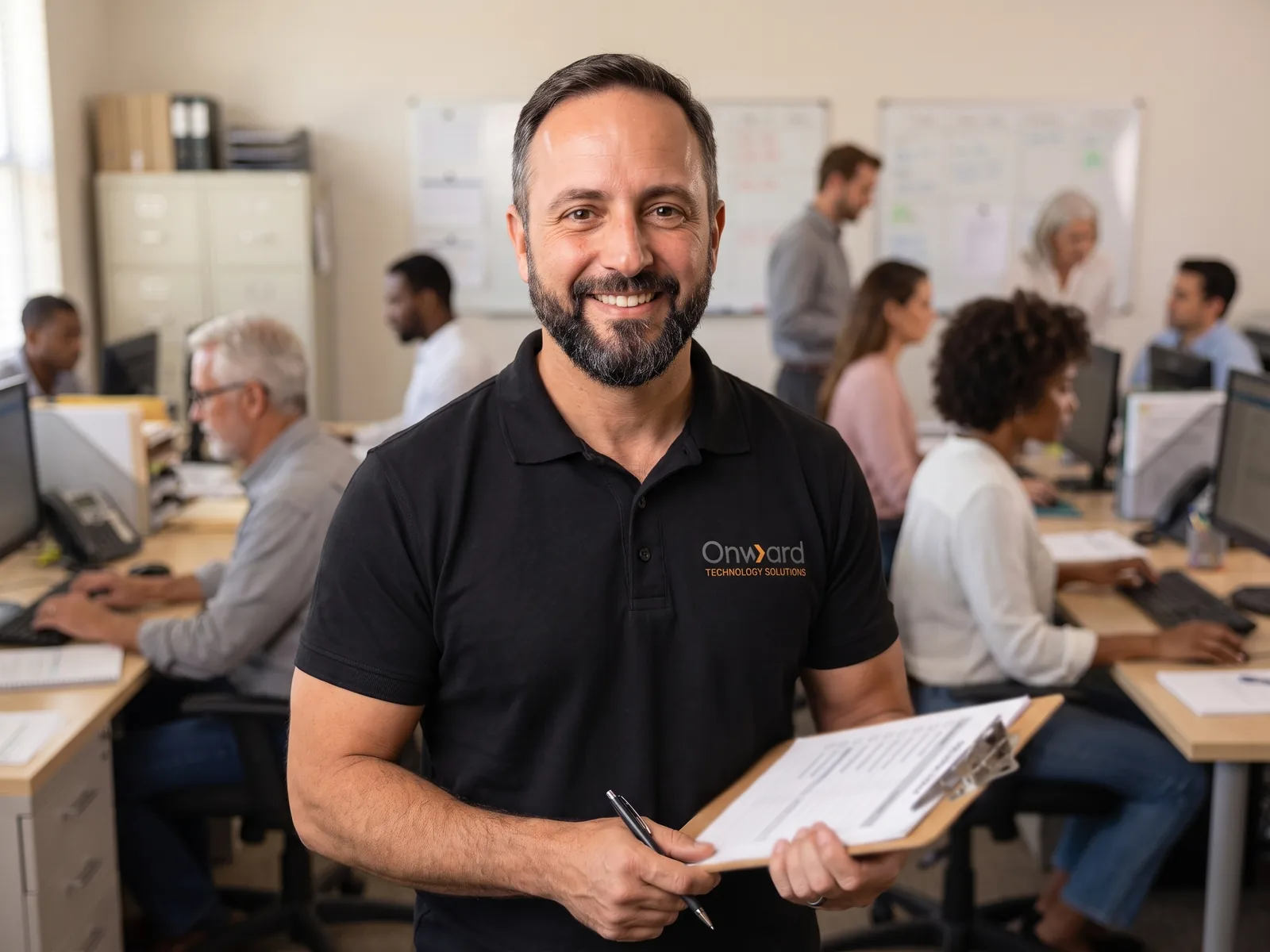 Free IT assessment for small business: Jed, Onward's AI host, in a black Onward polo holding a clipboard in a busy small-business office