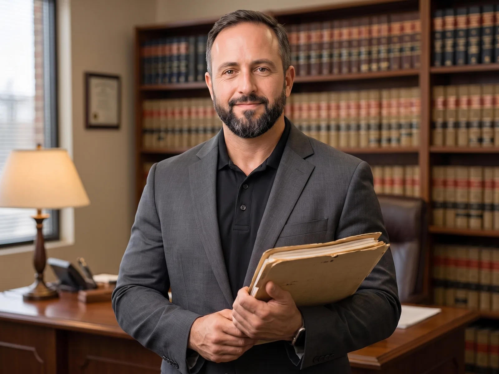 IT support for law firms: Jed, Onward's AI host, in a charcoal blazer holding a case folder in a law library