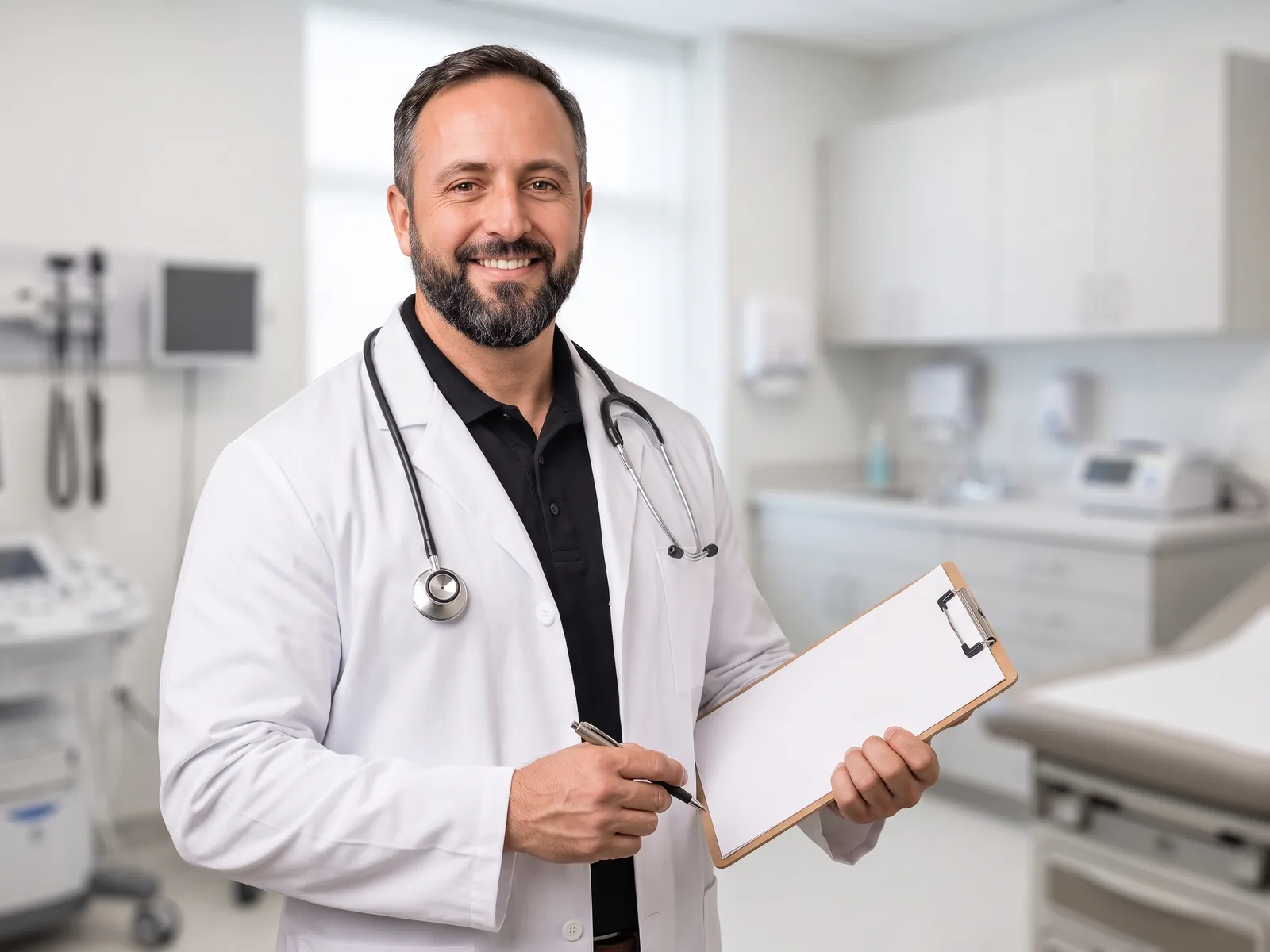 Healthcare IT services: Jed, Onward's AI host, in a white coat and stethoscope holding a clipboard in a clinic exam room