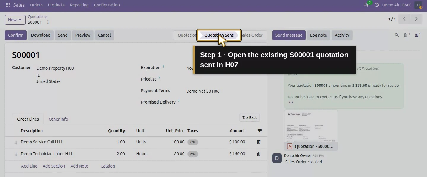 Video action 1: Open the existing S00001 quotation sent in H07. The actual target is highlighted in gold.