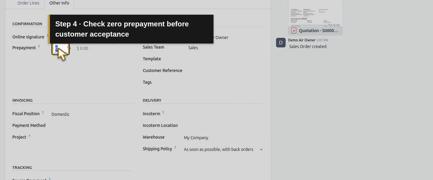 Video action 4: Check zero prepayment before customer acceptance. The actual target is highlighted in gold.