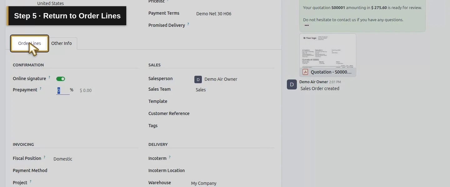 Video action 5: Return to Order Lines. The actual target is highlighted in gold.