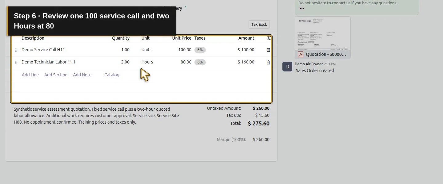 Video action 6: Review one 100 service call and two Hours at 80. The actual target is highlighted in gold.