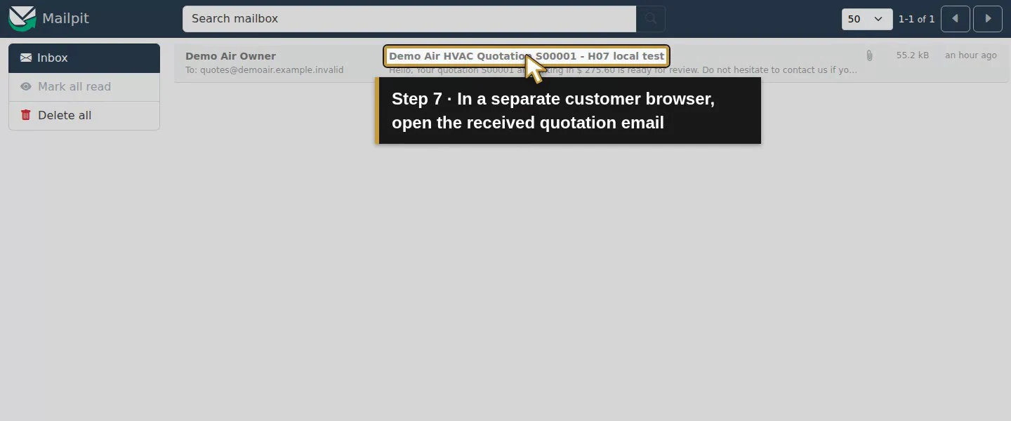 Video action 7: In a separate customer browser, open the received quotation email. The actual target is highlighted in gold.