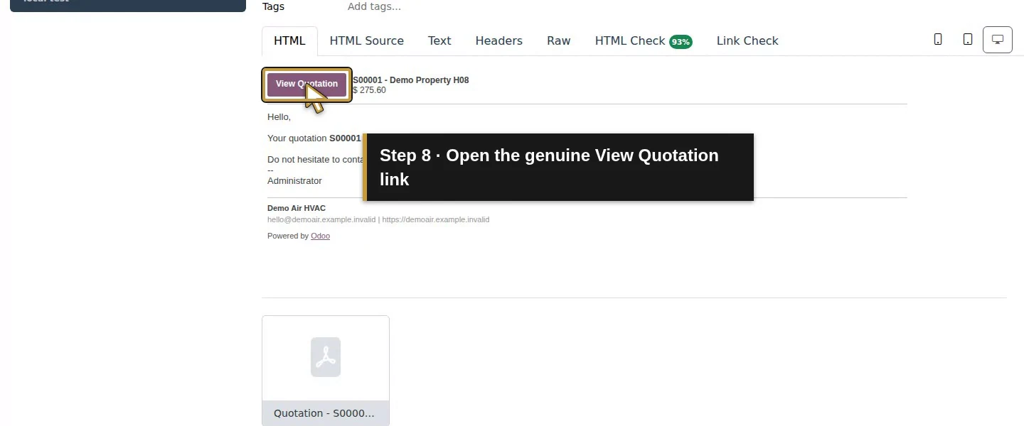 Video action 8: Open the genuine View Quotation link. The actual target is highlighted in gold.