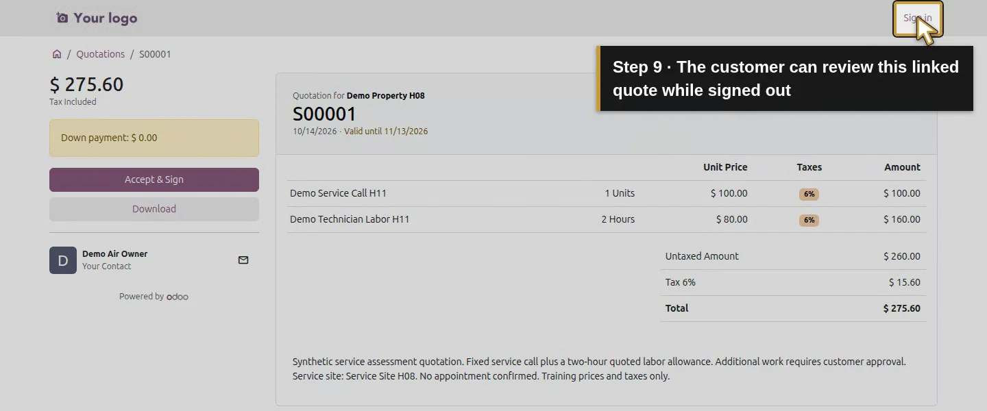 Video action 9: The customer can review this linked quote while signed out. The actual target is highlighted in gold.
