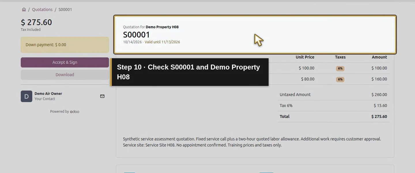 Video action 10: Check S00001 and Demo Property H08. The actual target is highlighted in gold.