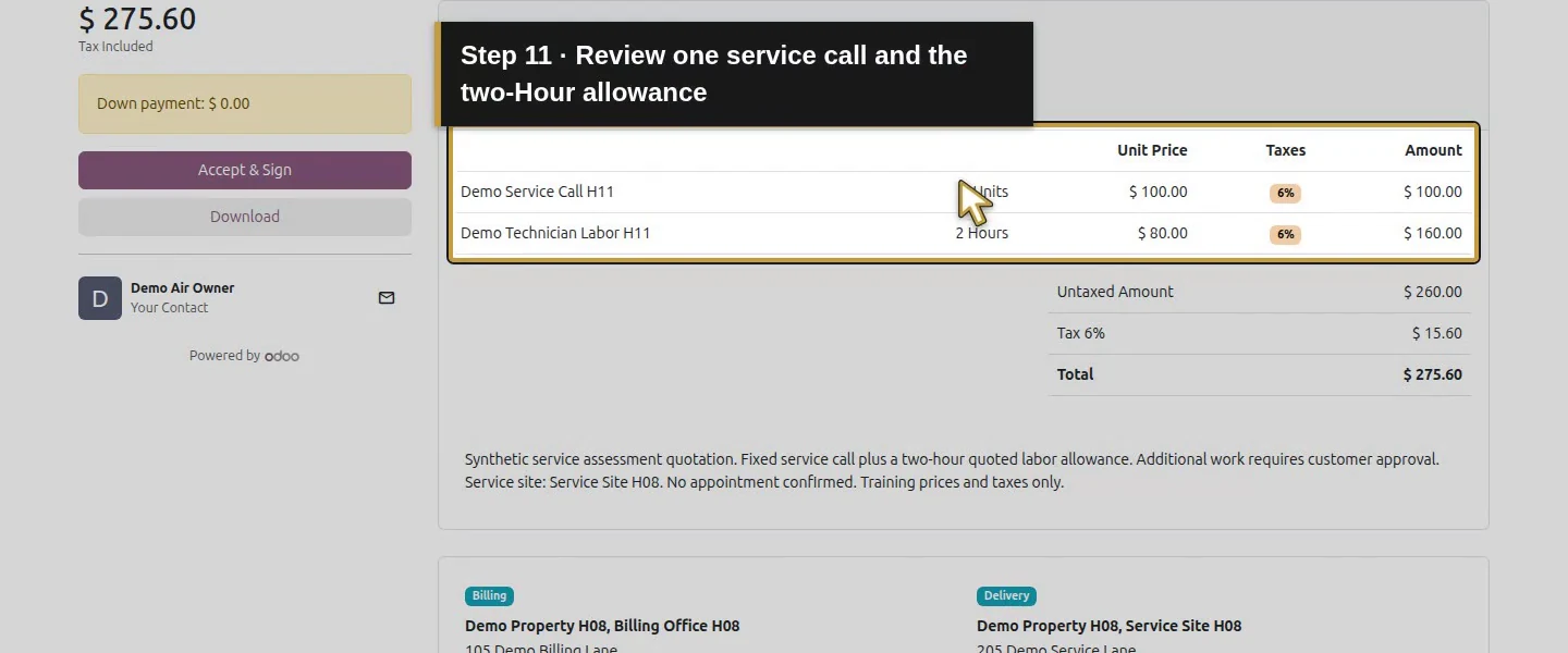 Video action 11: Review one service call and the two-Hour allowance. The actual target is highlighted in gold.