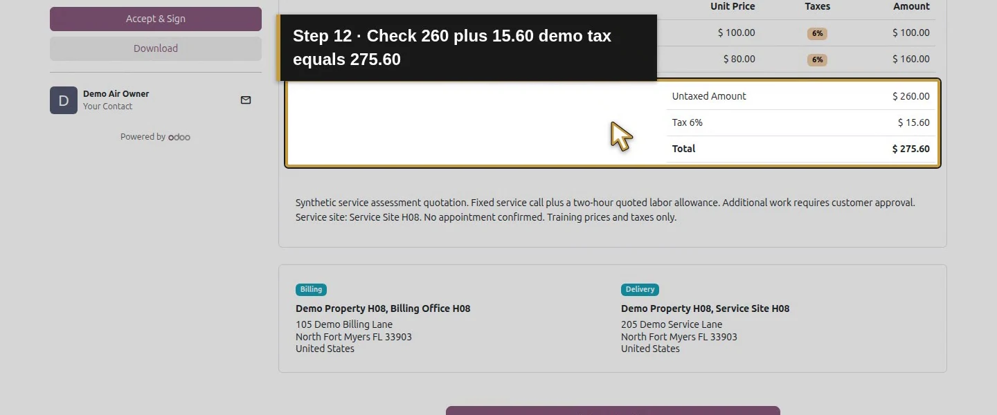 Video action 12: Check 260 plus 15.60 demo tax equals 275.60. The actual target is highlighted in gold.