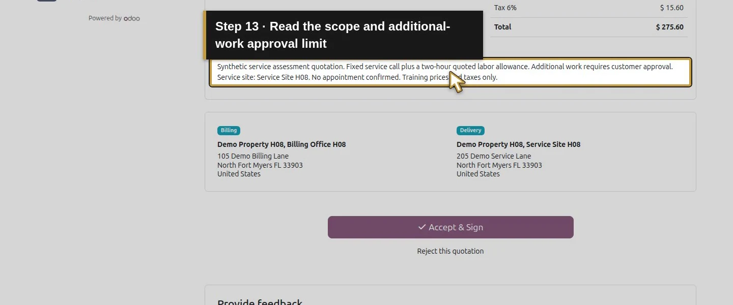 Video action 13: Read the scope and additional-work approval limit. The actual target is highlighted in gold.