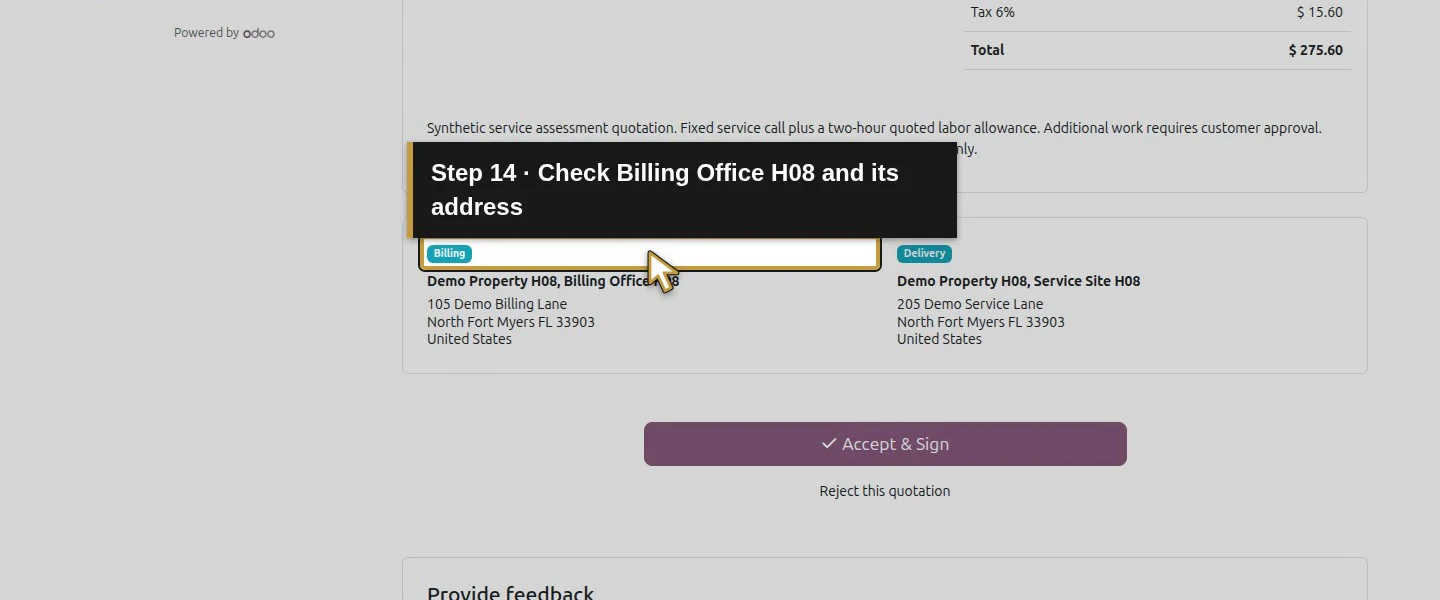 Video action 14: Check Billing Office H08 and its address. The actual target is highlighted in gold.