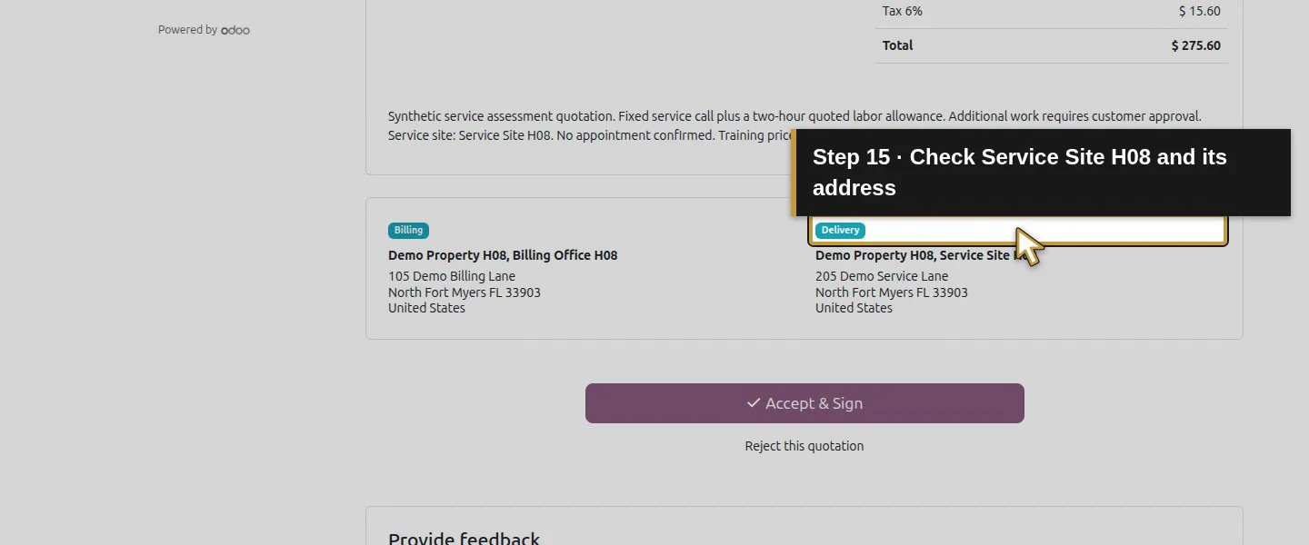 Video action 15: Check Service Site H08 and its address. The actual target is highlighted in gold.