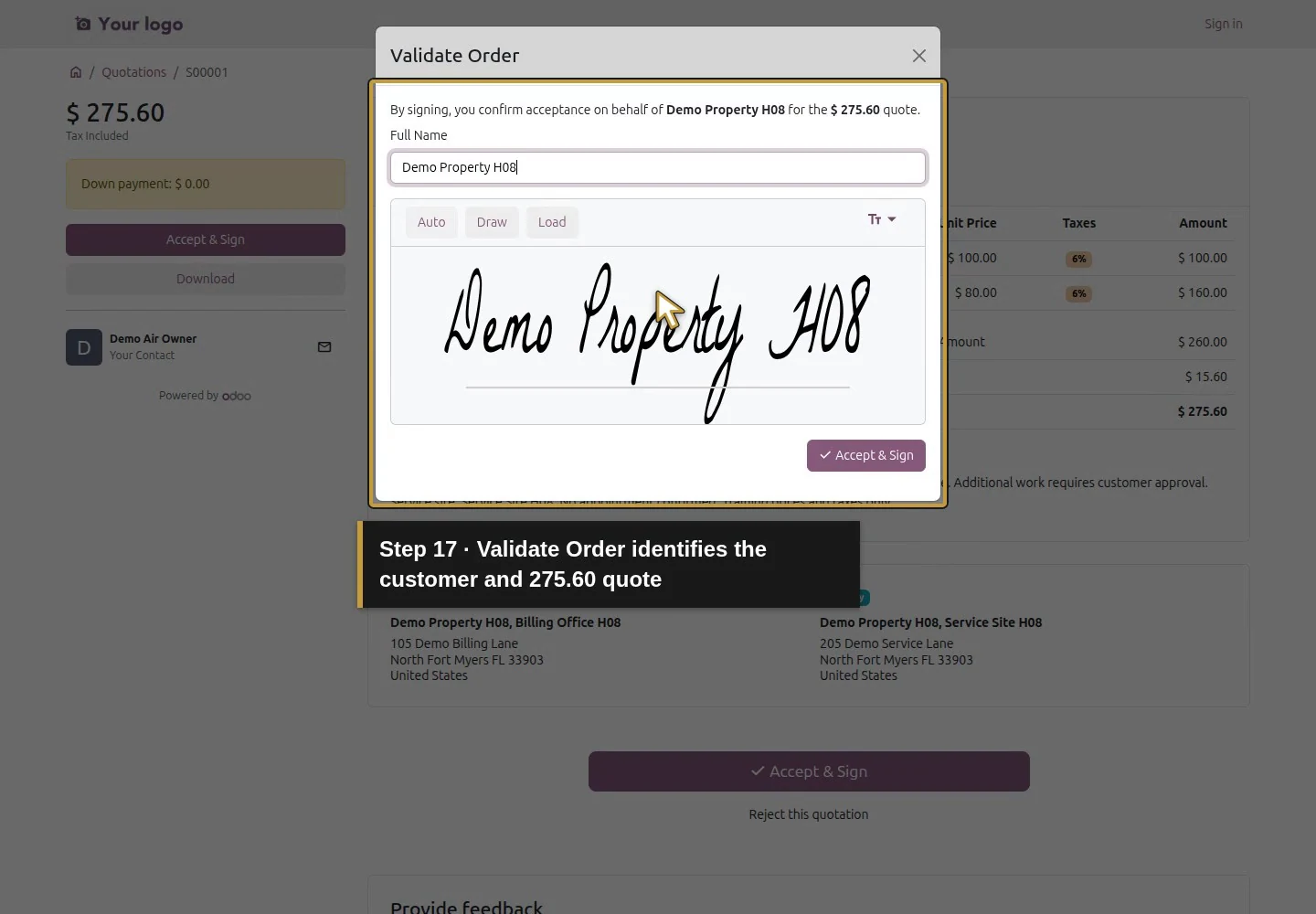 Video action 17: Validate Order identifies the customer and 275.60 quote. The actual target is highlighted in gold.