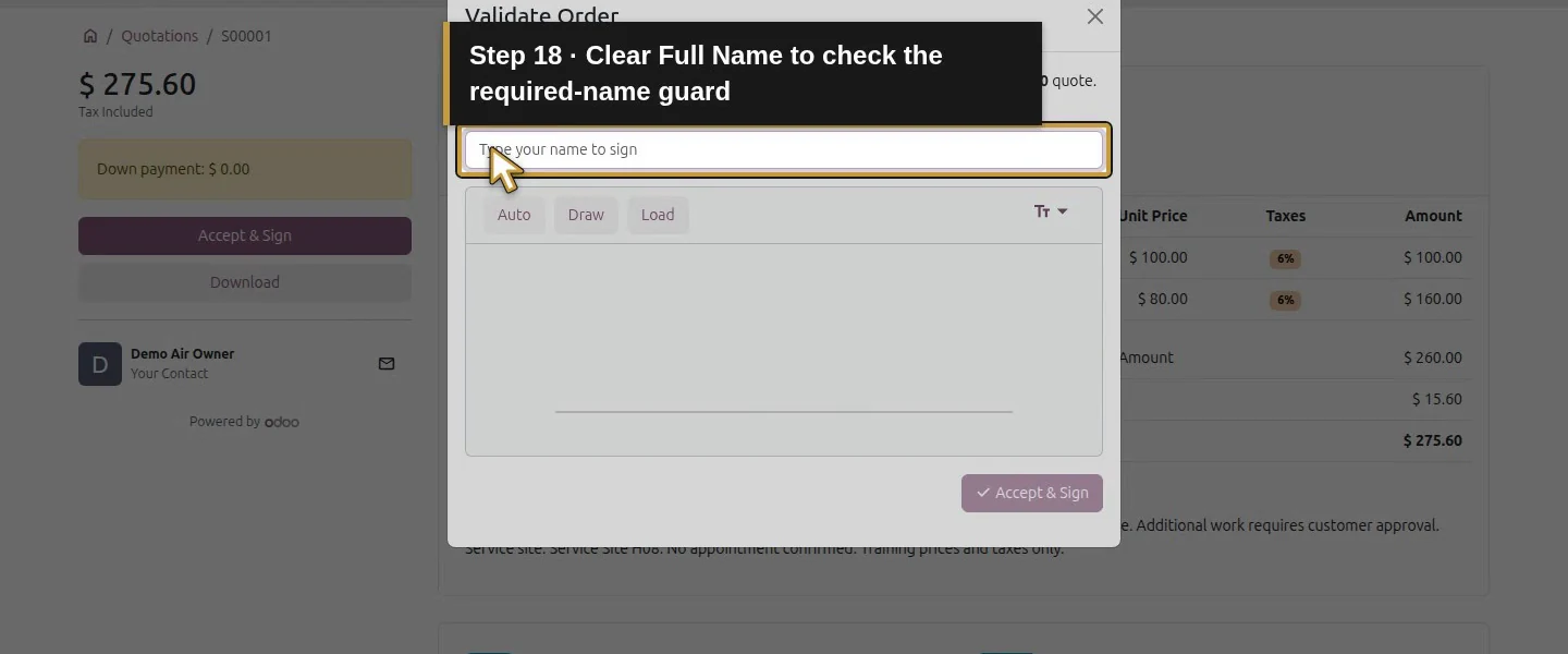 Video action 18: Clear Full Name to check the required-name guard. The actual target is highlighted in gold.