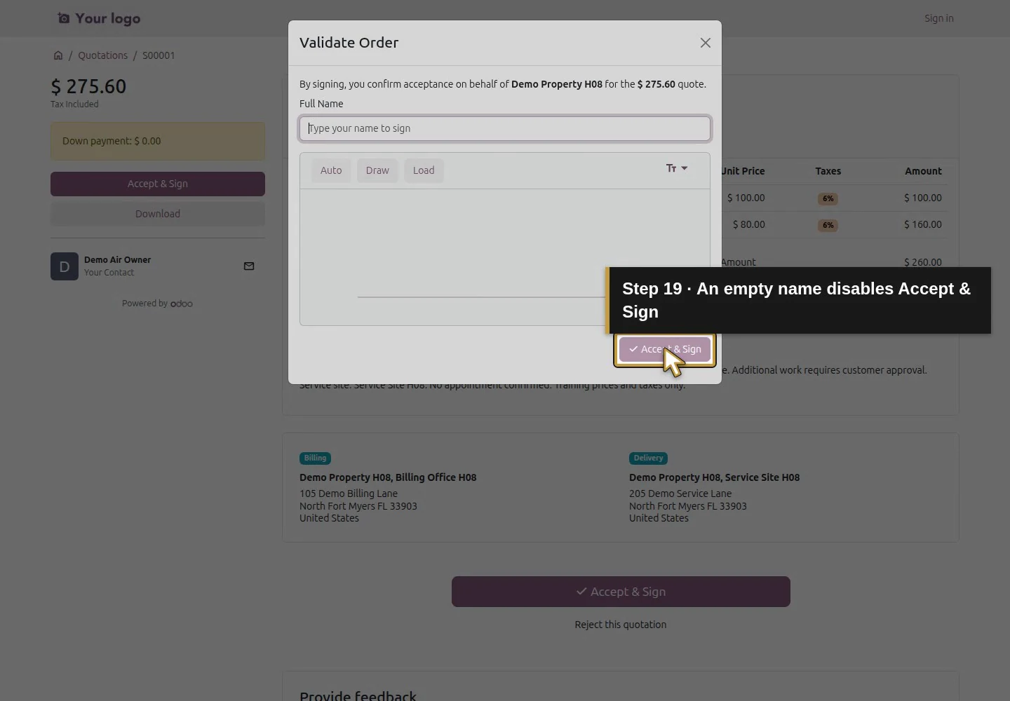 Video action 19: An empty name disables Accept & Sign. The actual target is highlighted in gold.
