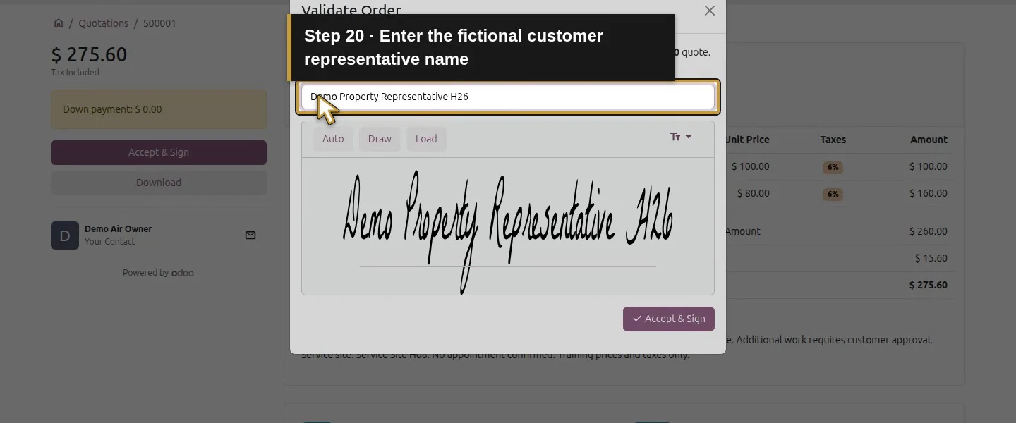 Video action 20: Enter the fictional customer representative name. The actual target is highlighted in gold.