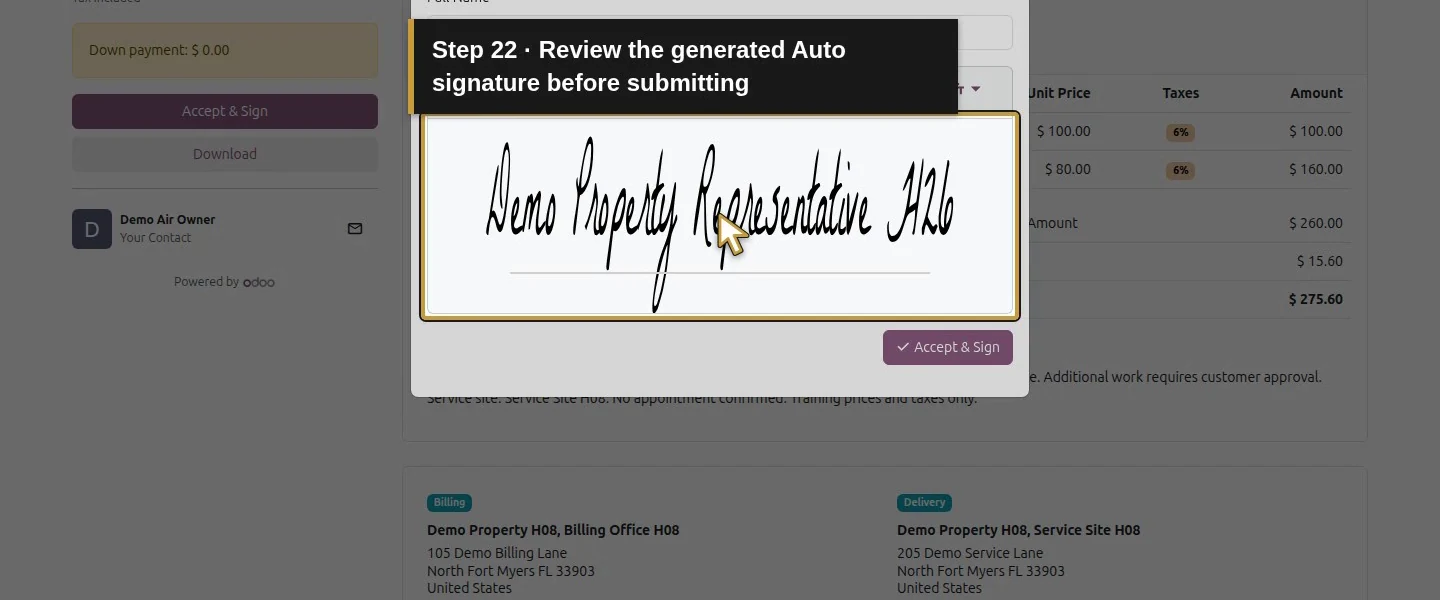 Video action 22: Review the generated Auto signature before submitting. The actual target is highlighted in gold.