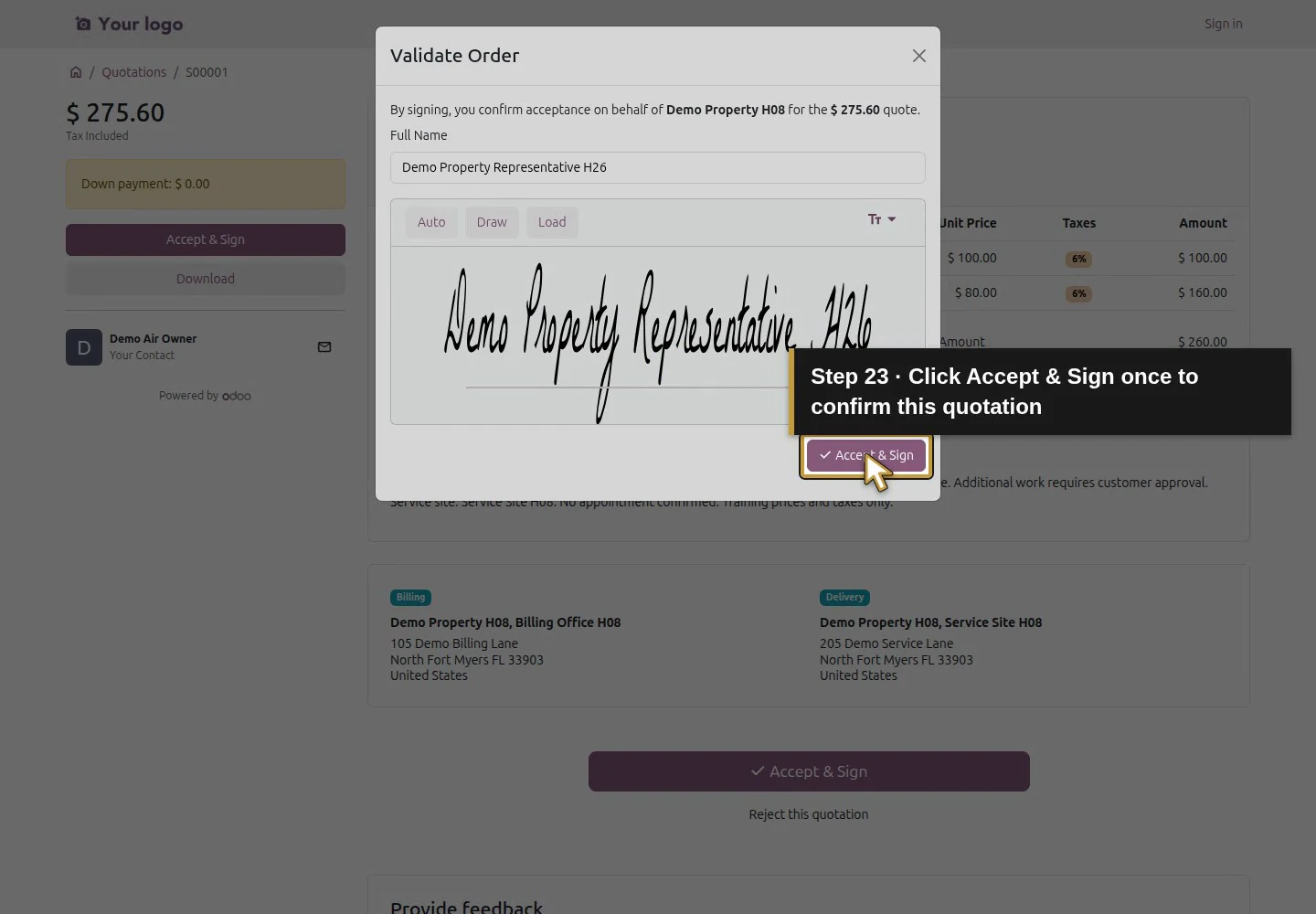 Video action 23: Click Accept & Sign once to confirm this quotation. The actual target is highlighted in gold.