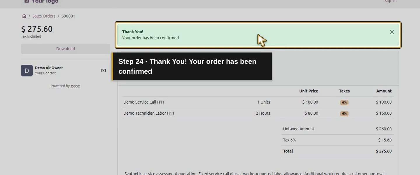 Video action 24: Thank You! Your order has been confirmed. The actual target is highlighted in gold.