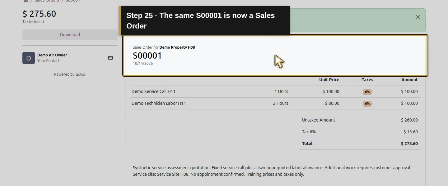 Video action 25: The same S00001 is now a Sales Order. The actual target is highlighted in gold.