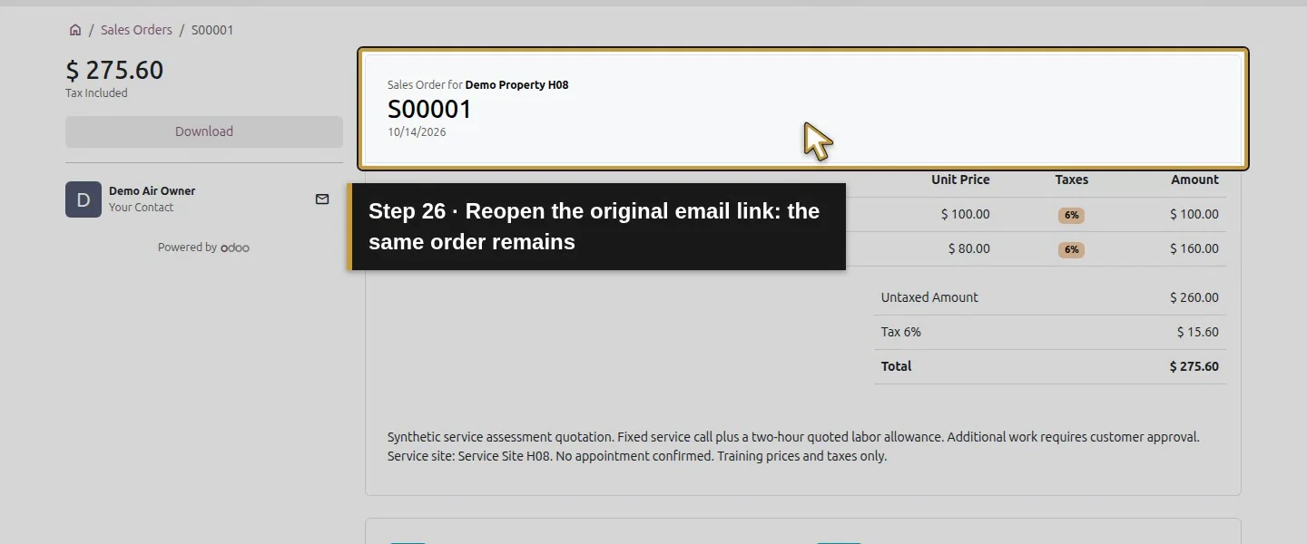 Video action 26: Reopen the original email link: the same order remains. The actual target is highlighted in gold.