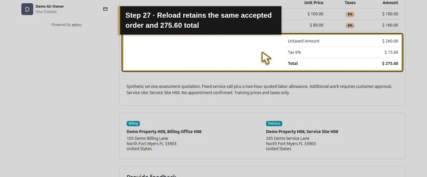 Video action 27: Reload retains the same accepted order and 275.60 total. The actual target is highlighted in gold.