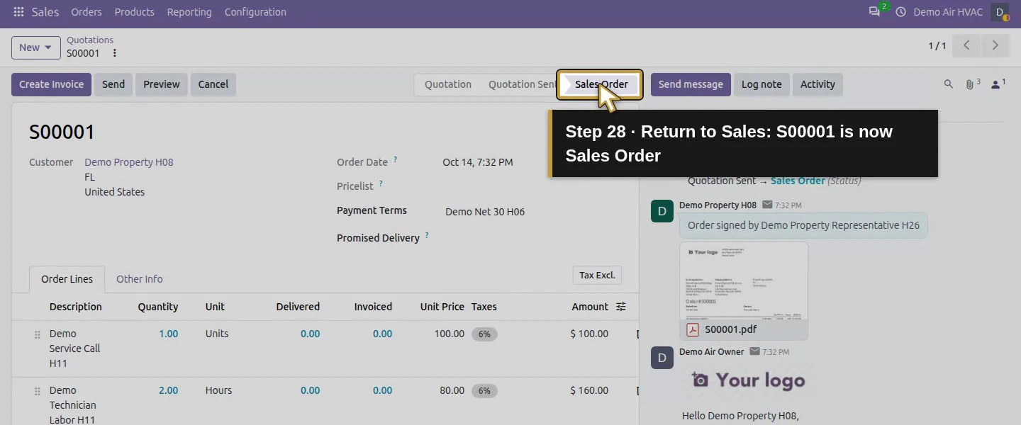 Video action 28: Return to Sales: S00001 is now Sales Order. The actual target is highlighted in gold.