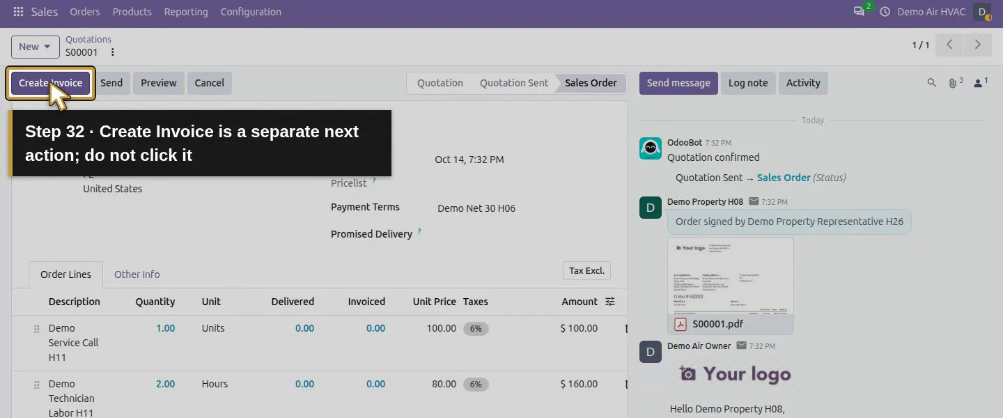 Video action 32: Create Invoice is a separate next action; do not click it. The actual target is highlighted in gold.