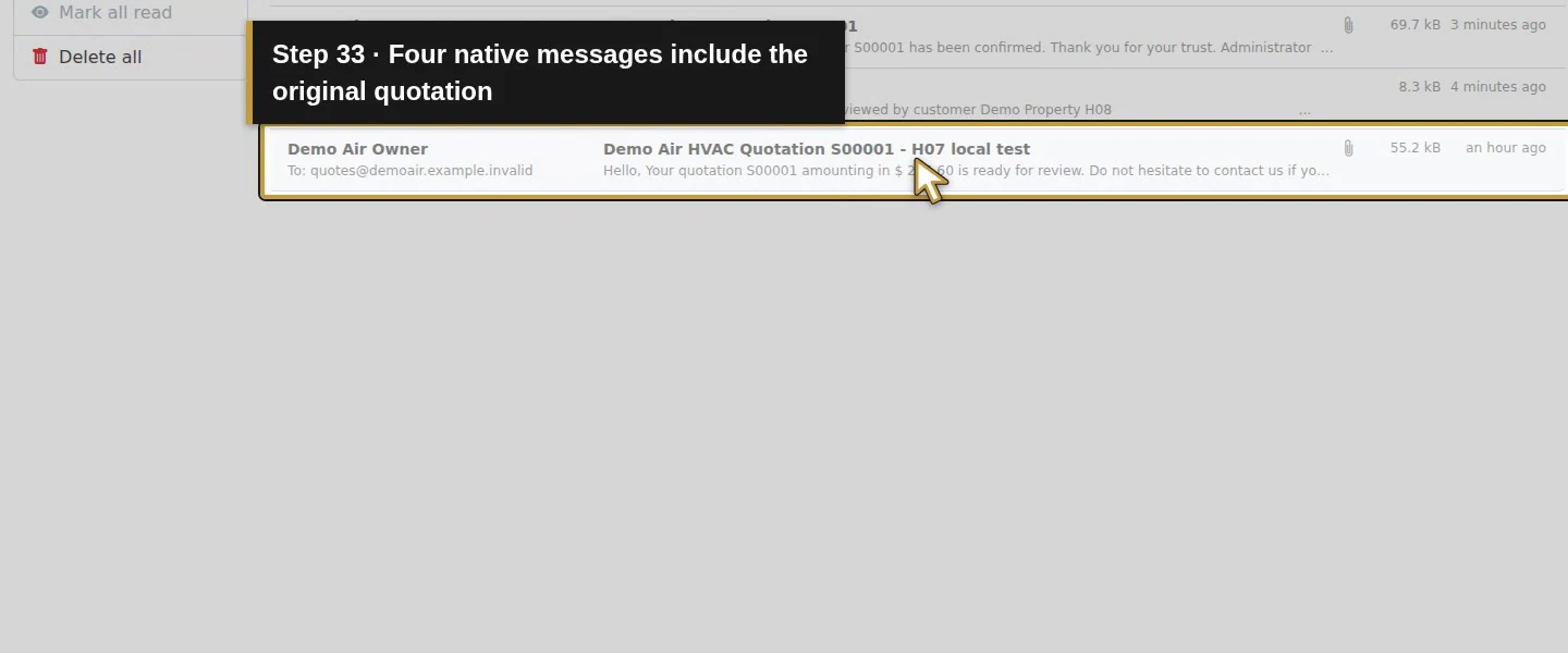 Video action 33: Four native messages include the original quotation. The actual target is highlighted in gold.