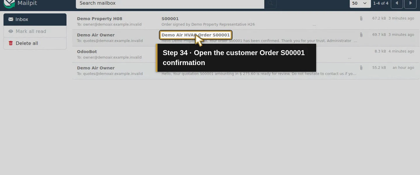 Video action 34: Open the customer Order S00001 confirmation. The actual target is highlighted in gold.