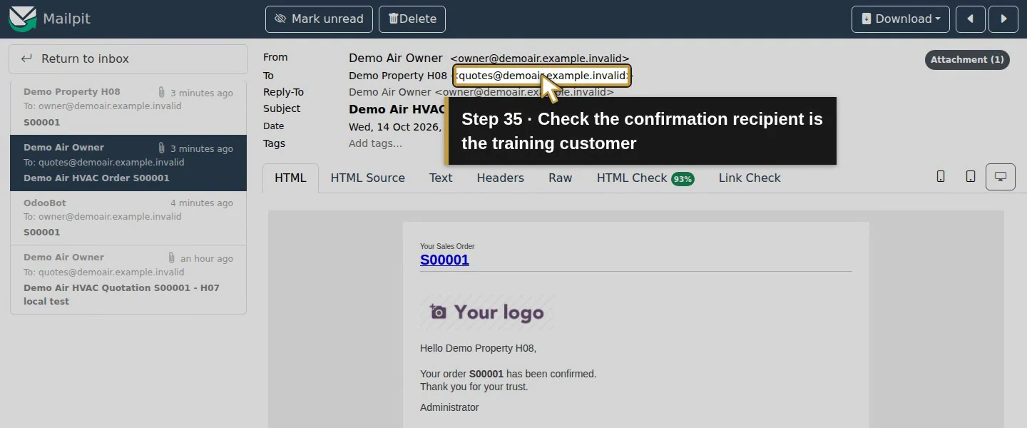 Video action 35: Check the confirmation recipient is the training customer. The actual target is highlighted in gold.