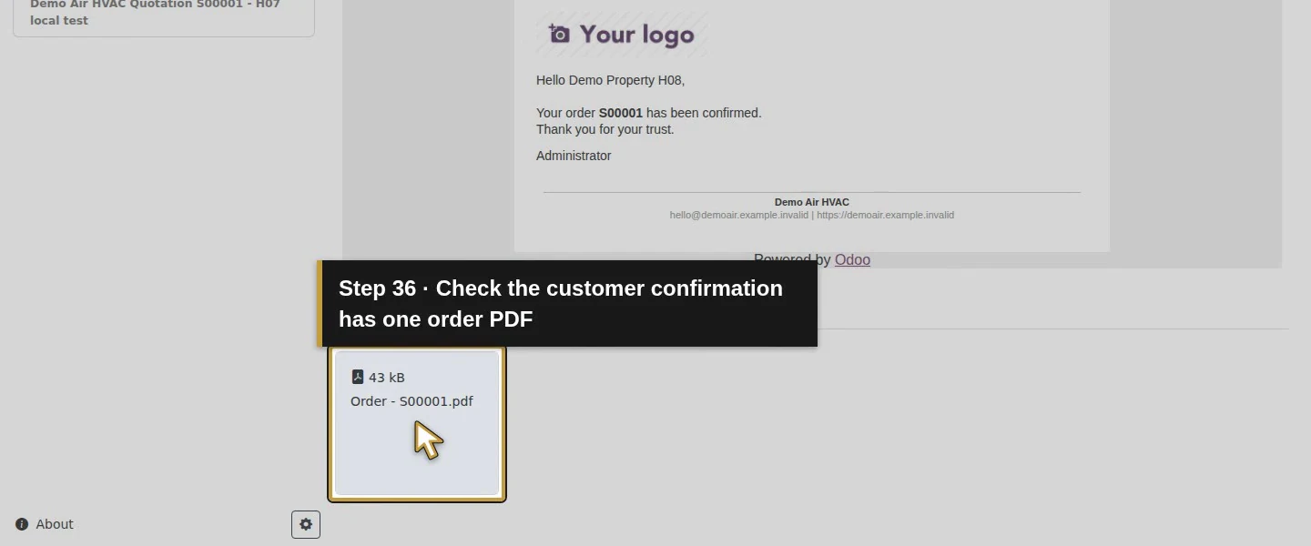 Video action 36: Check the customer confirmation has one order PDF. The actual target is highlighted in gold.