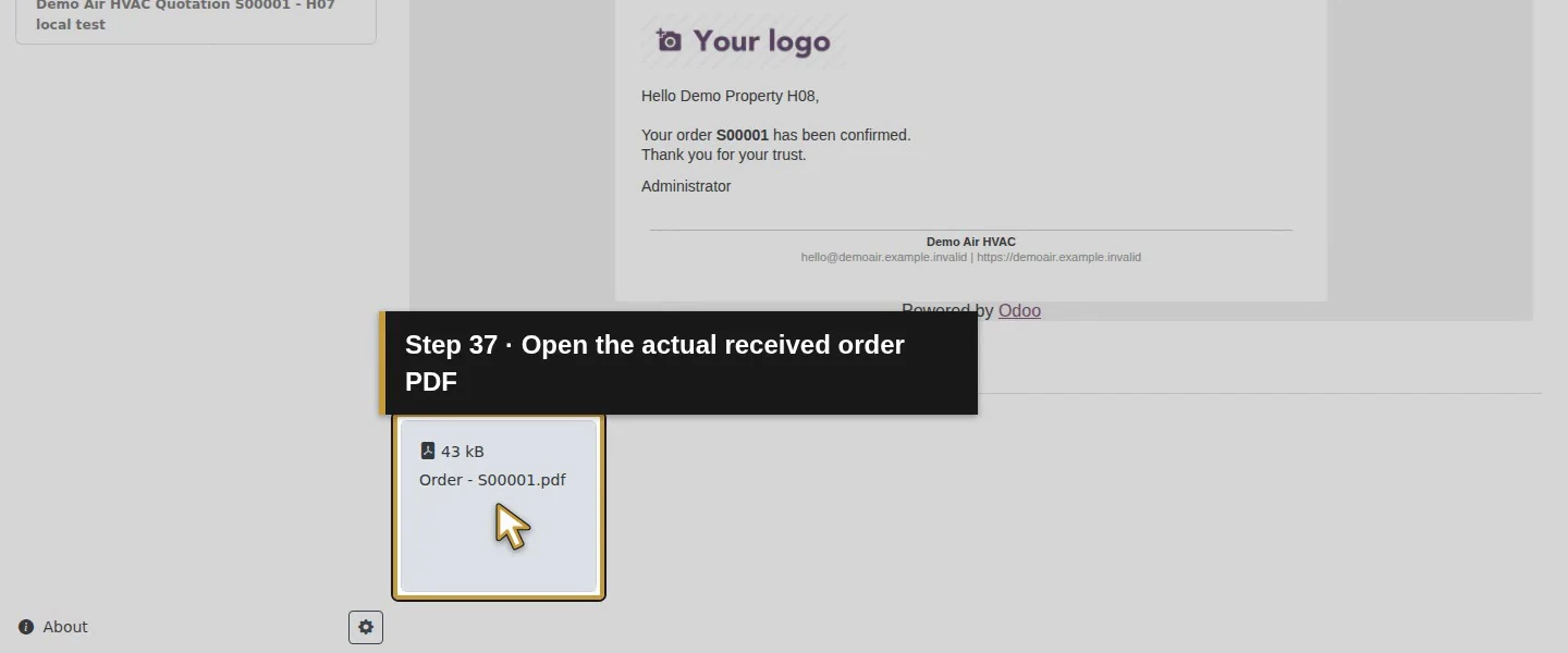 Video action 37: Open the actual received order PDF. The actual target is highlighted in gold.