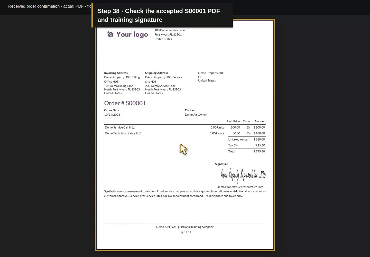 Video action 38: Check the accepted S00001 PDF and training signature. The actual target is highlighted in gold.