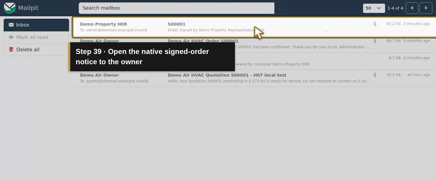 Video action 39: Open the native signed-order notice to the owner. The actual target is highlighted in gold.