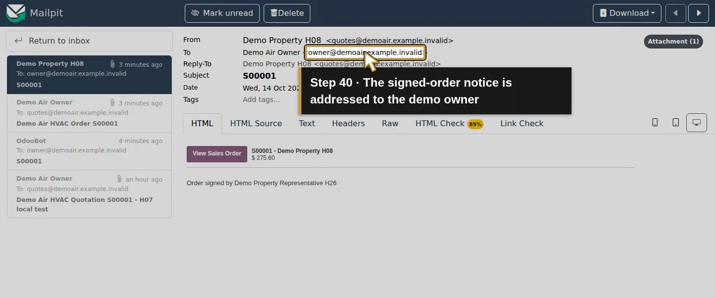 Video action 40: The signed-order notice is addressed to the demo owner. The actual target is highlighted in gold.