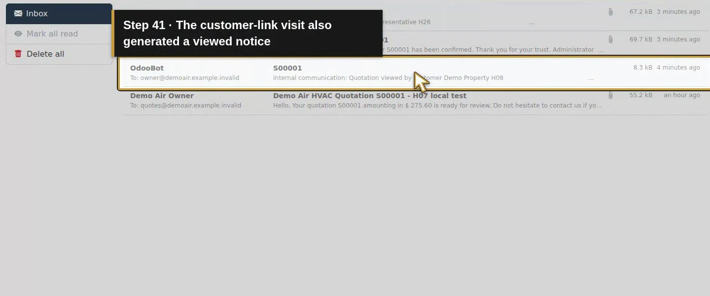 Video action 41: The customer-link visit also generated a viewed notice. The actual target is highlighted in gold.
