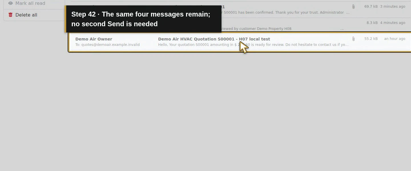 Video action 42: The same four messages remain; no second Send is needed. The actual target is highlighted in gold.