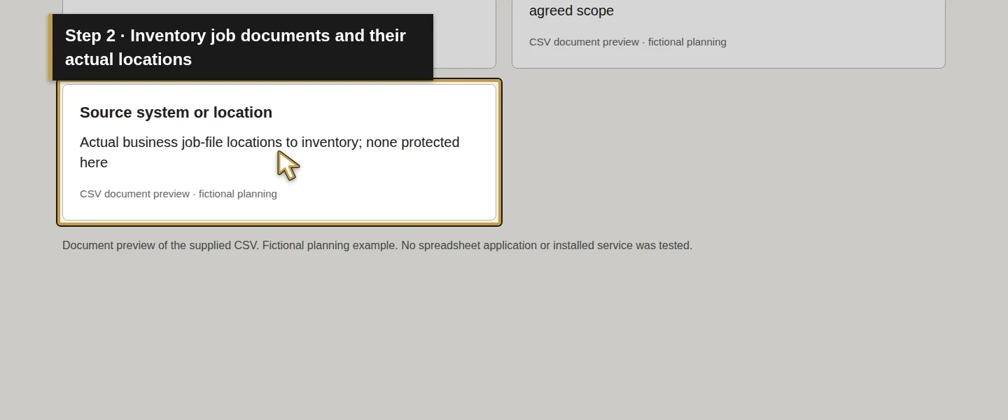 Worksheet field 2: Inventory job documents and their actual locations. The actual target is highlighted in gold.