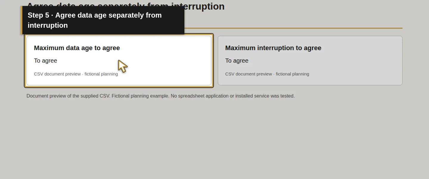 Worksheet field 5: Agree data age separately from interruption. The actual target is highlighted in gold.