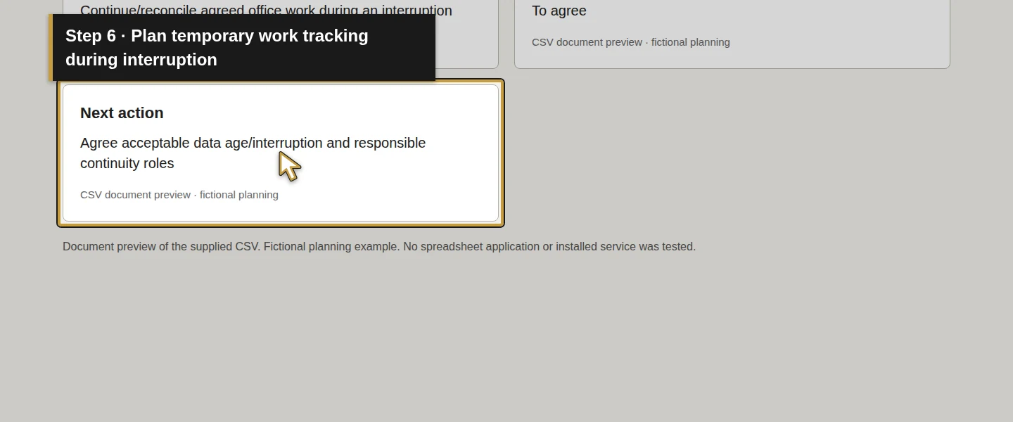 Worksheet field 6: Plan temporary work tracking during interruption. The actual target is highlighted in gold.
