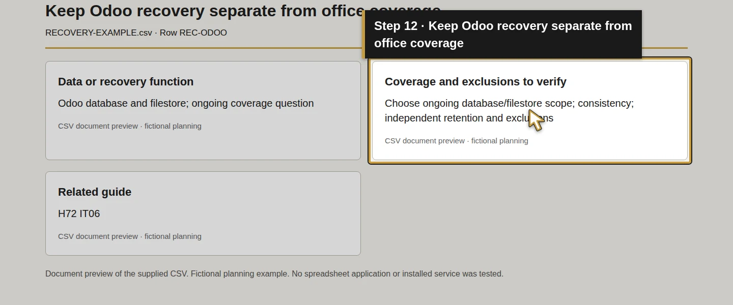 Worksheet field 12: Keep Odoo recovery separate from office coverage. The actual target is highlighted in gold.