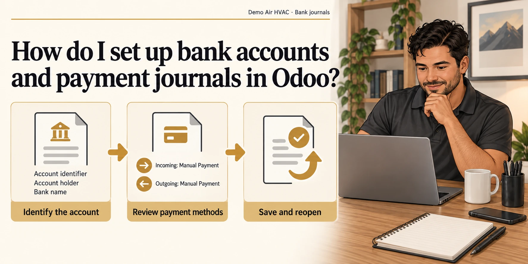 How do I set up bank accounts and payment journals in Odoo? A fictional HVAC owner connects Identify the account, Review payment methods and Save and reopen.