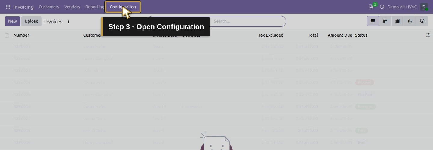 Step 3: Open Configuration. The actual Odoo control is highlighted in gold.