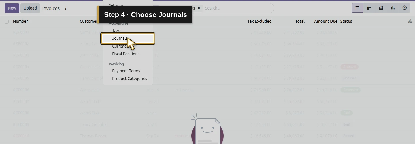 Step 4: Choose Journals. The actual Odoo control is highlighted in gold.