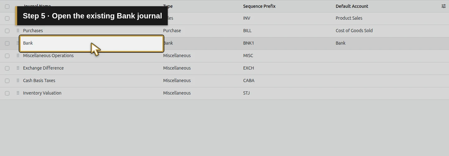 Step 5: Open the existing Bank journal. The actual Odoo control is highlighted in gold.