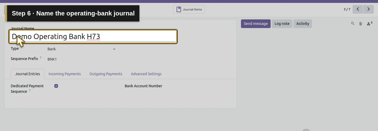 Step 6: Name the operating-bank journal. The actual Odoo control is highlighted in gold.
