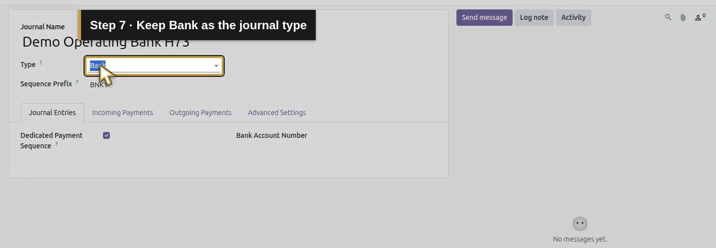 Step 7: Keep Bank as the journal type. The actual Odoo control is highlighted in gold.